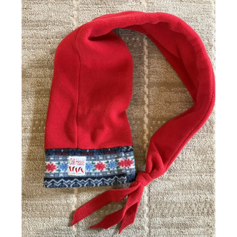 Vintage Chilli Heads Beanie With Tail Red Fleece Ski Hat Made USA Fair Isle